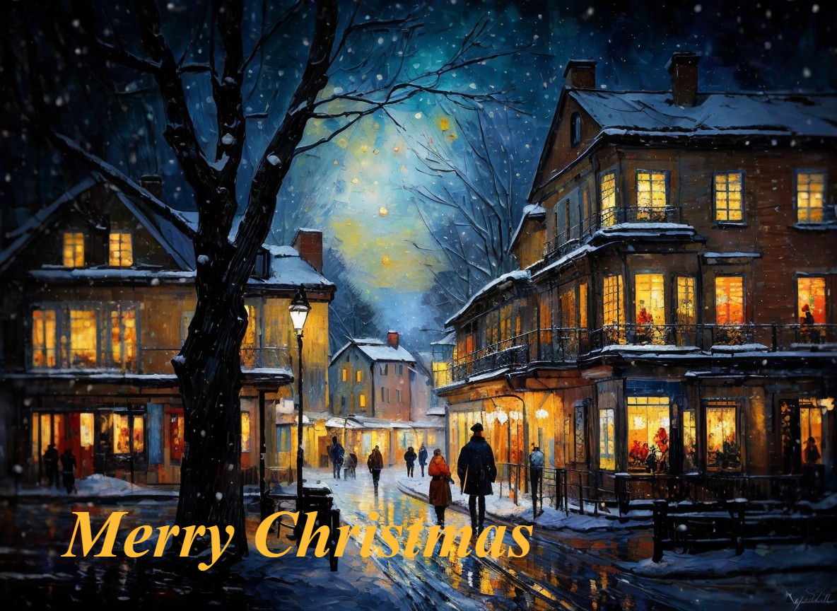 Winter scene: People on snow-covered street with lit houses, "Merry Christmas