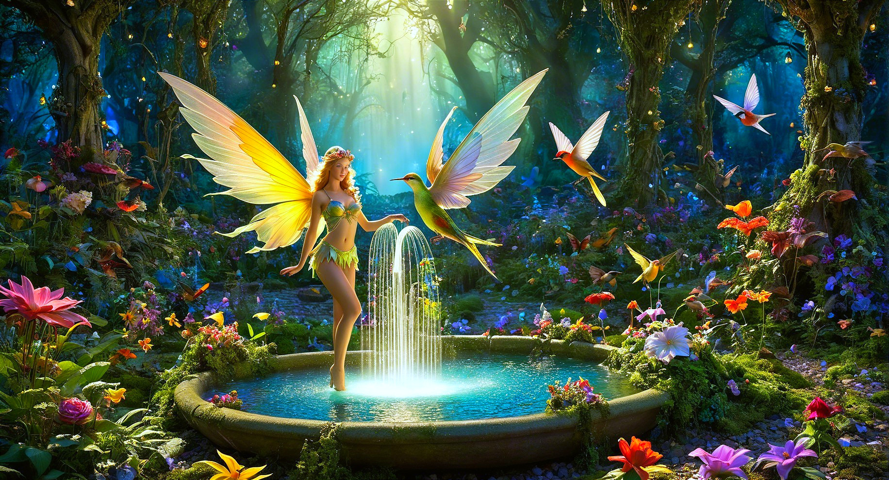 Fairy by Fountain in Vibrant Enchanted Forest