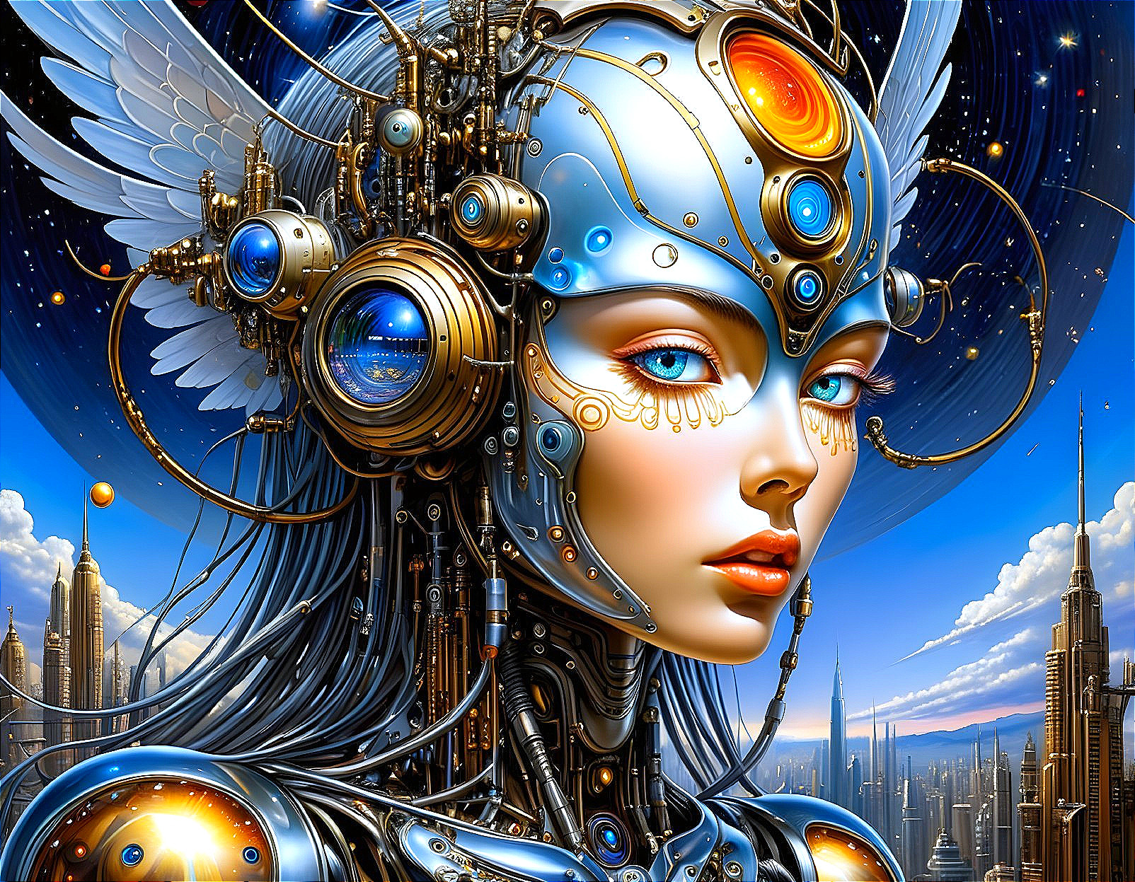 Futuristic Cybernetic Woman in a Cityscape at Night
