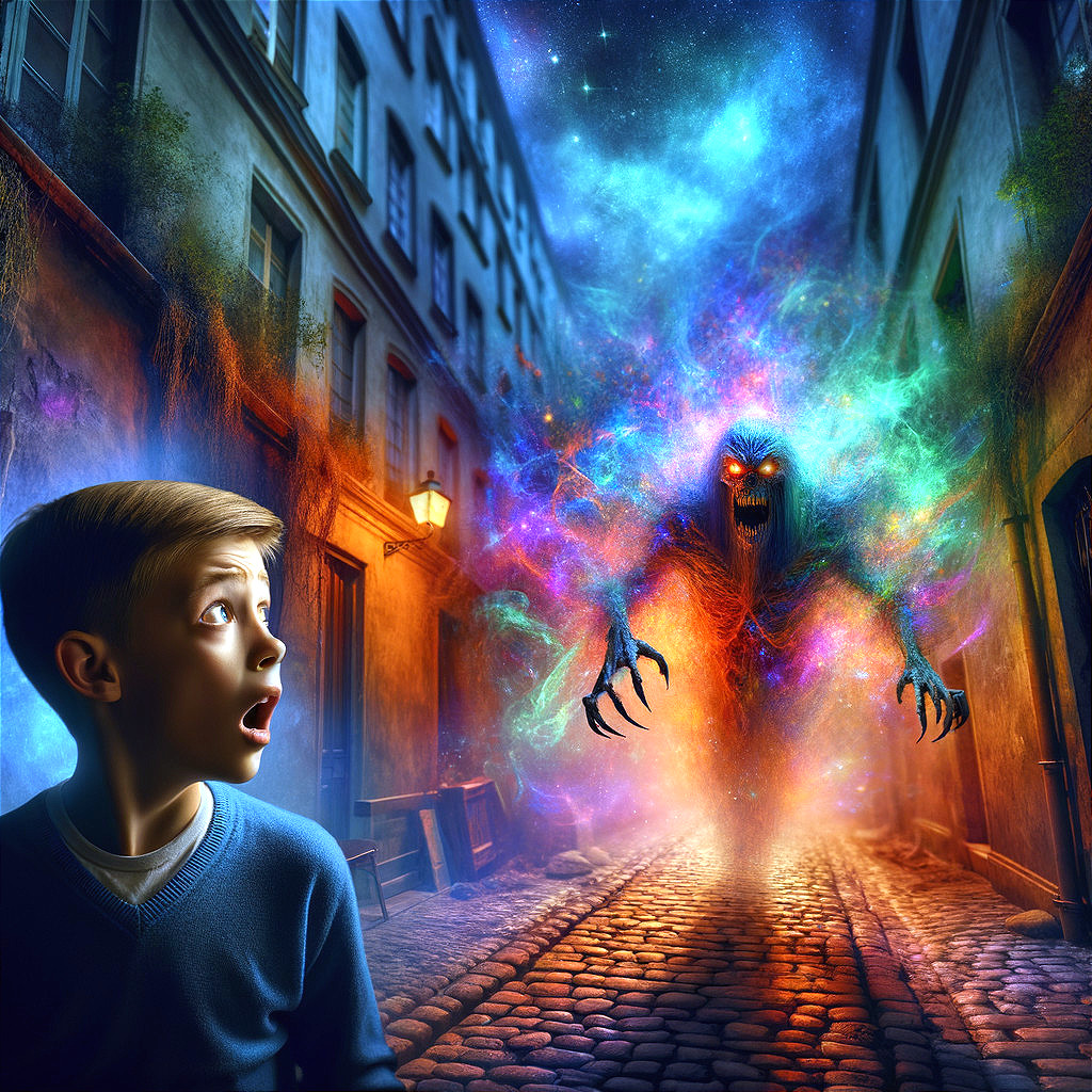 Supernatural Creature Emerges in Dimly Lit Alley
