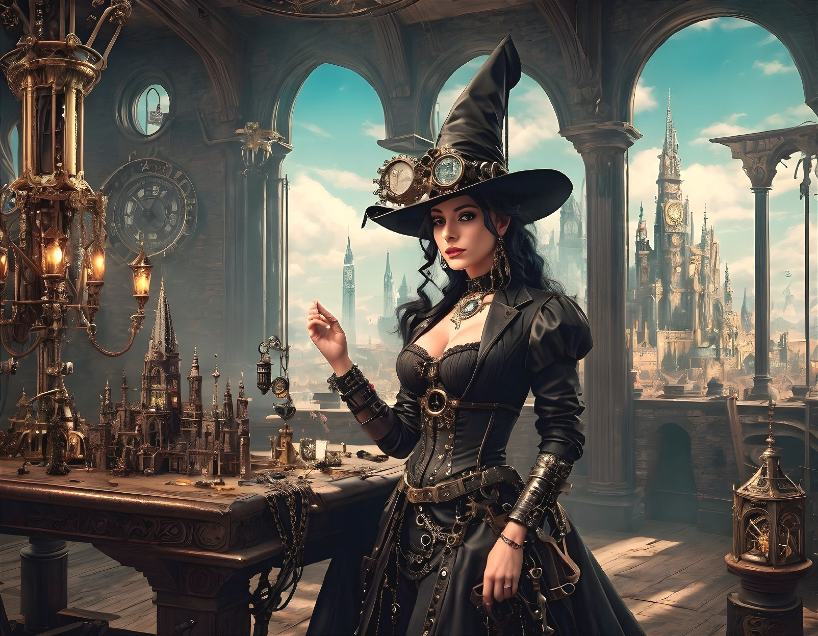 Mystic Sorceress in Steampunk Workshop with City View
