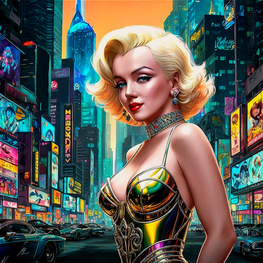 Glamorous woman with vintage hairstyle in neon-lit cityscape at dusk