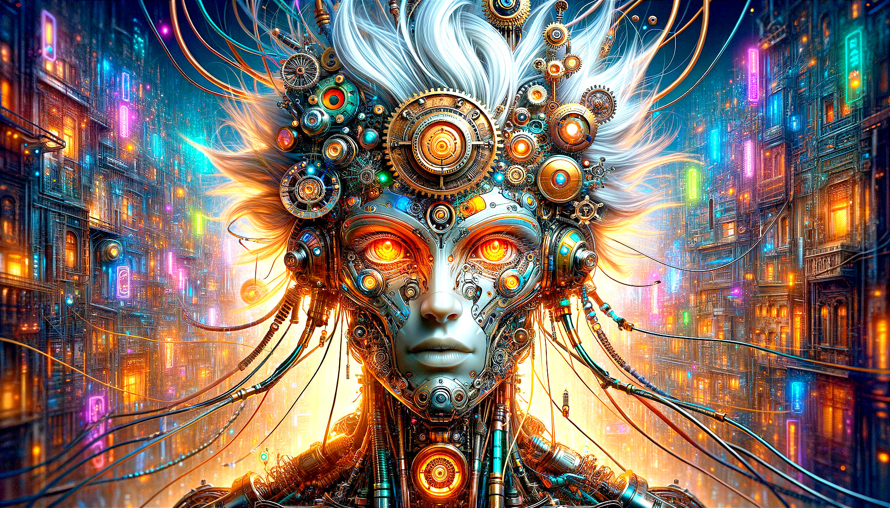 Futuristic Humanoid in Neon Cityscape with Mechanical Features