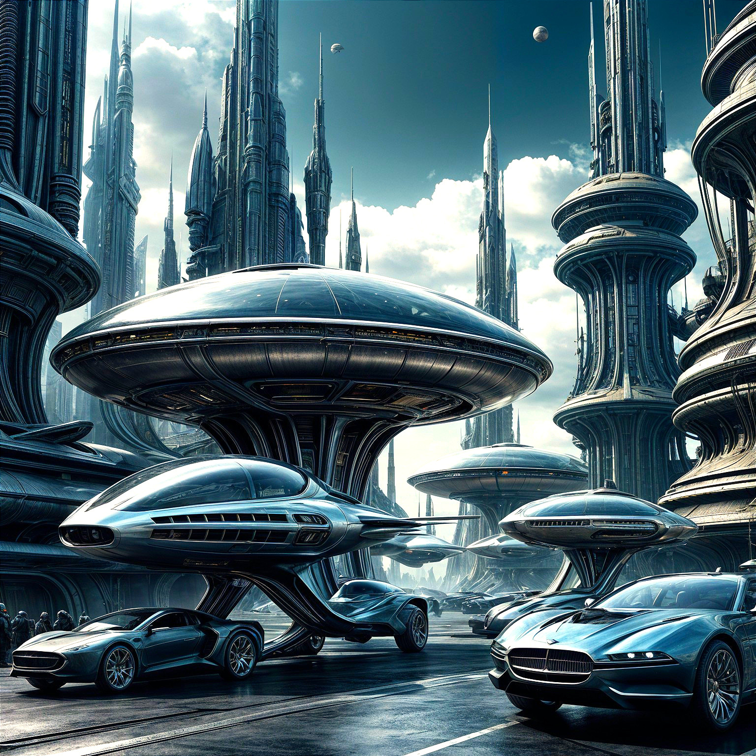 Futuristic cityscape with metallic buildings and vehicles