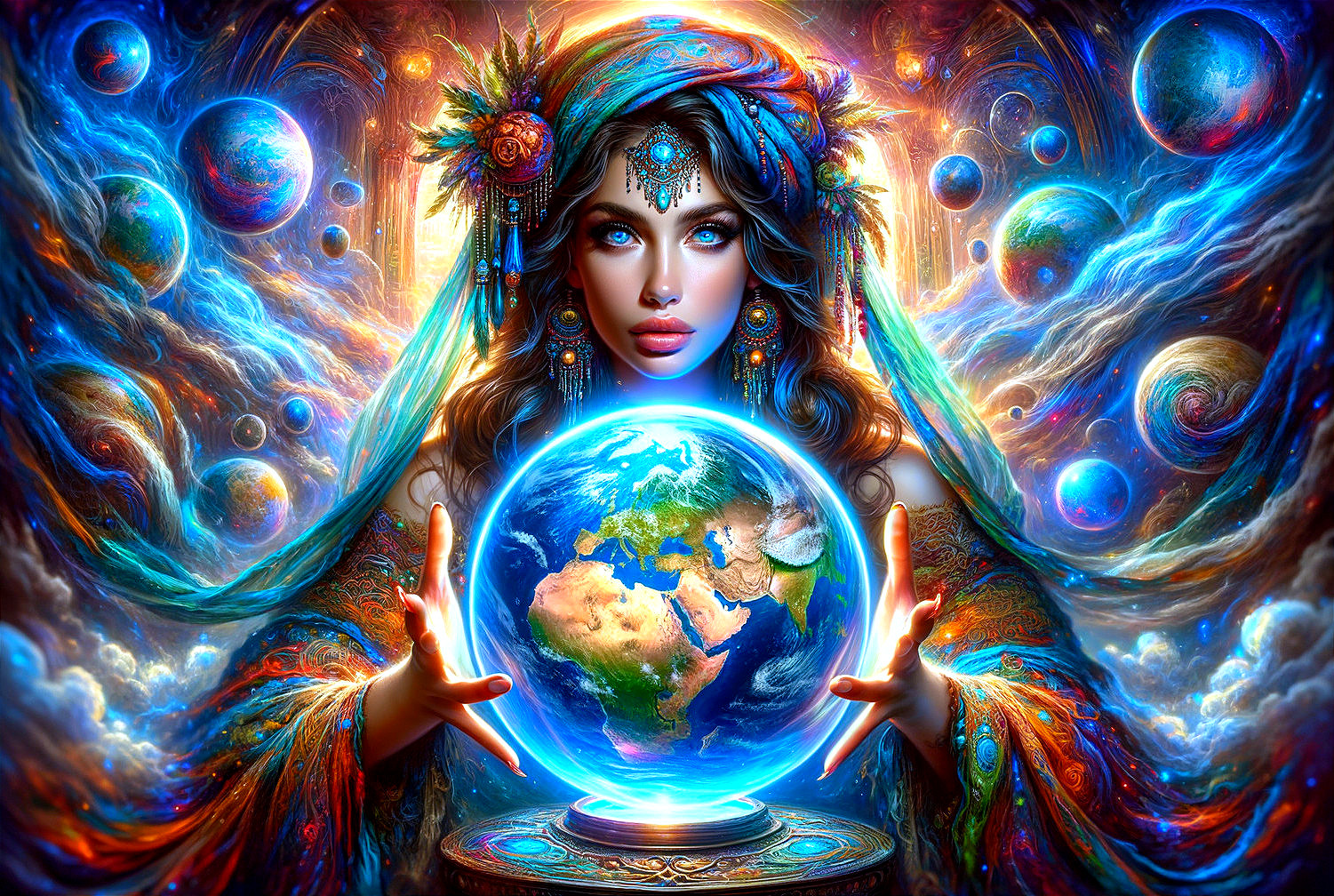 Mystical Figure with Earth Orb in Cosmic Setting
