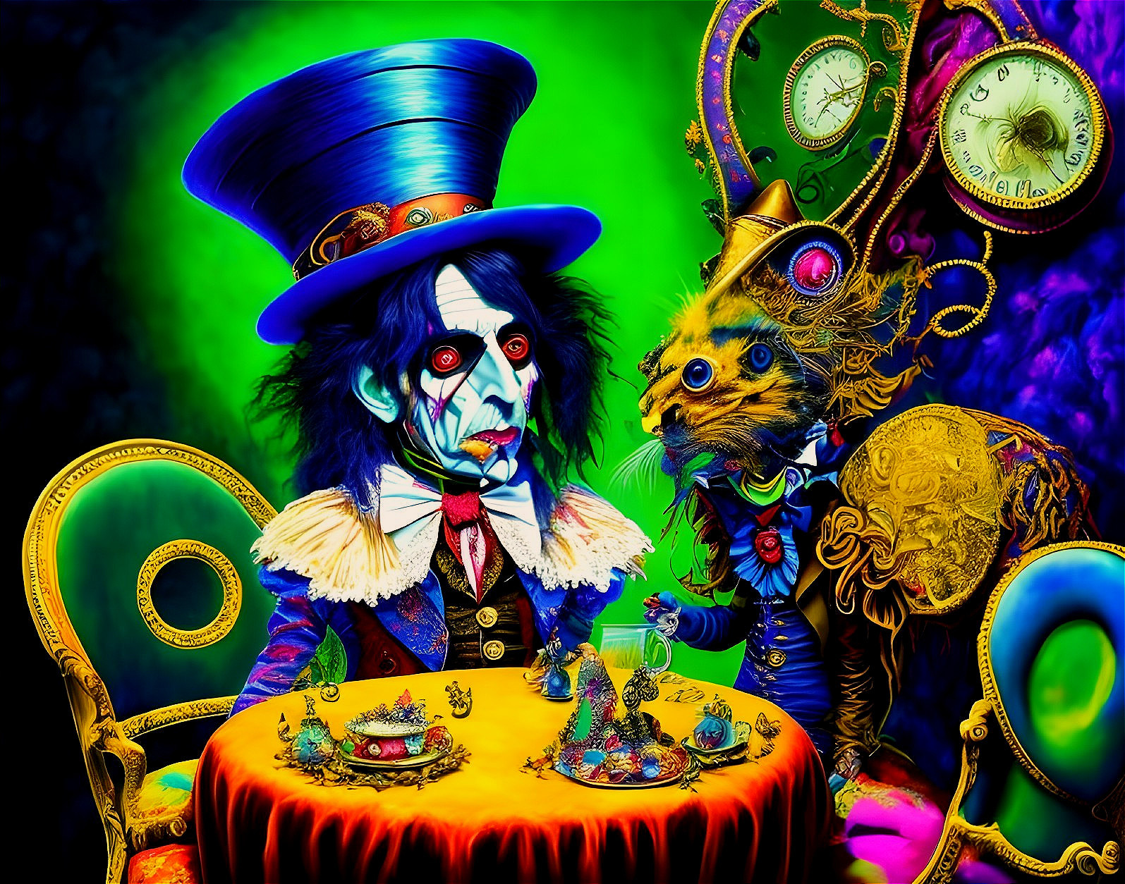Surreal Table Scene with Colorful Treats and Characters