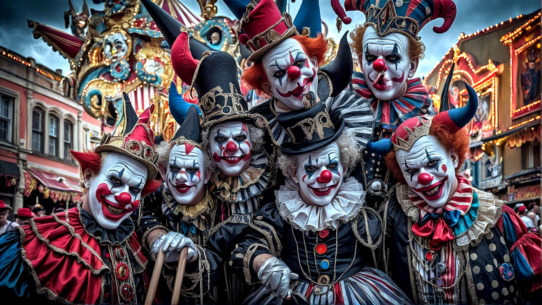 Vibrant Carnival Scene with Colorful Clowns