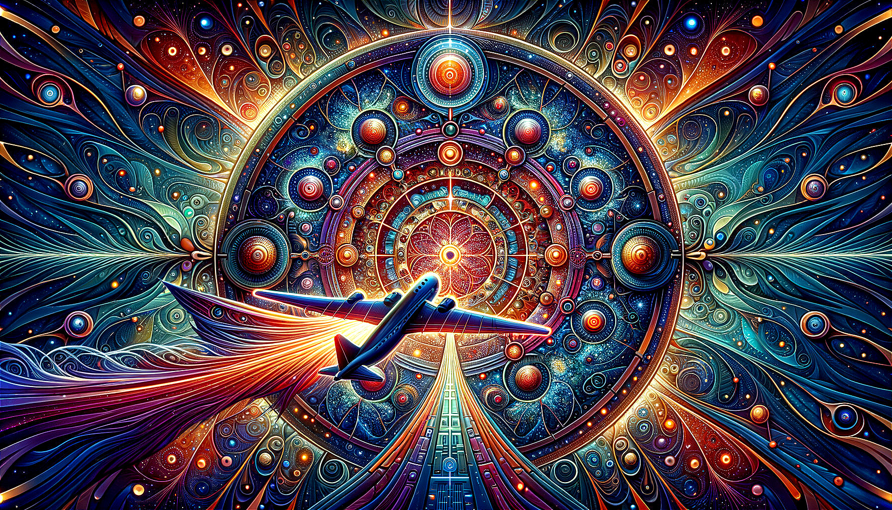Vibrant Cosmic Scene with Airplane and Celestial Patterns