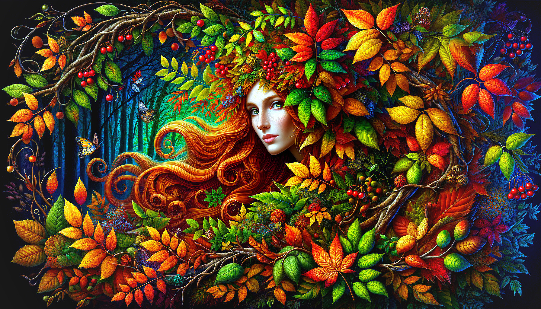 Vibrant Illustration of Woman Among Autumn Leaves