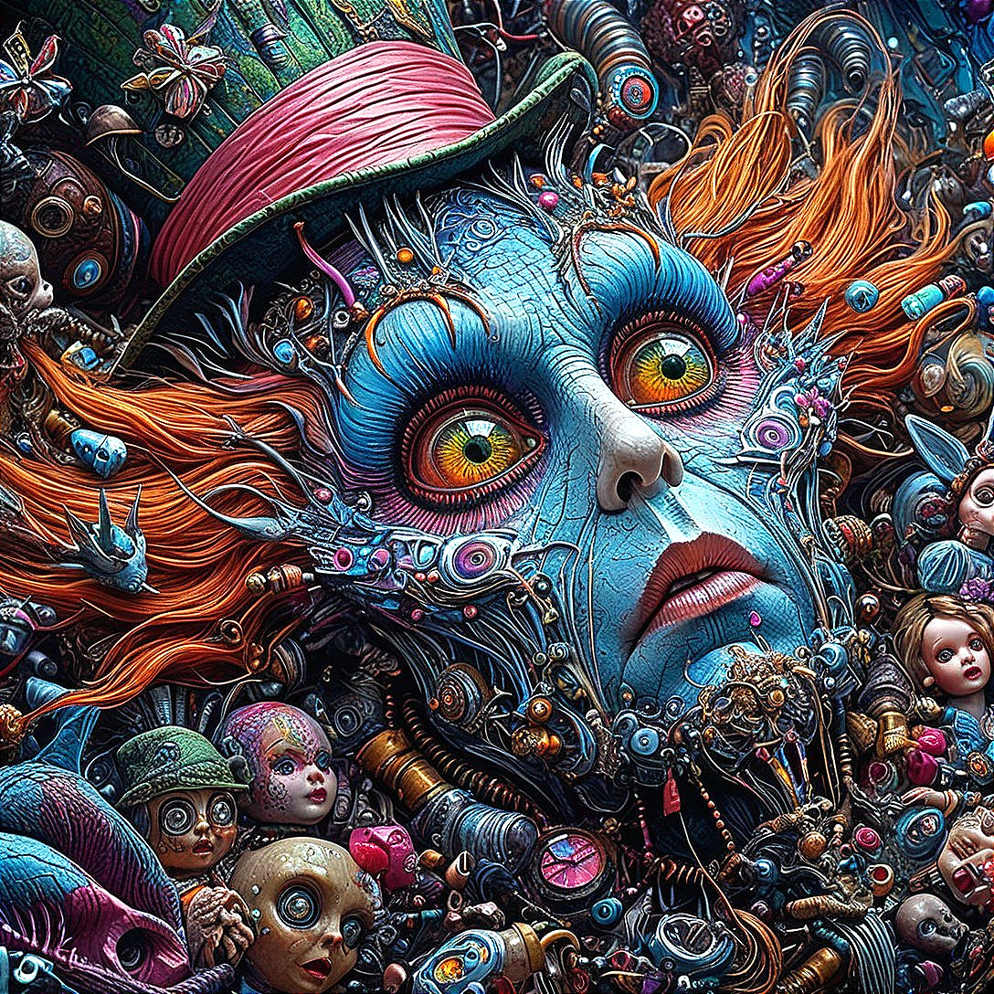 Surreal Portrait with Multicolored Eyes and Dolls