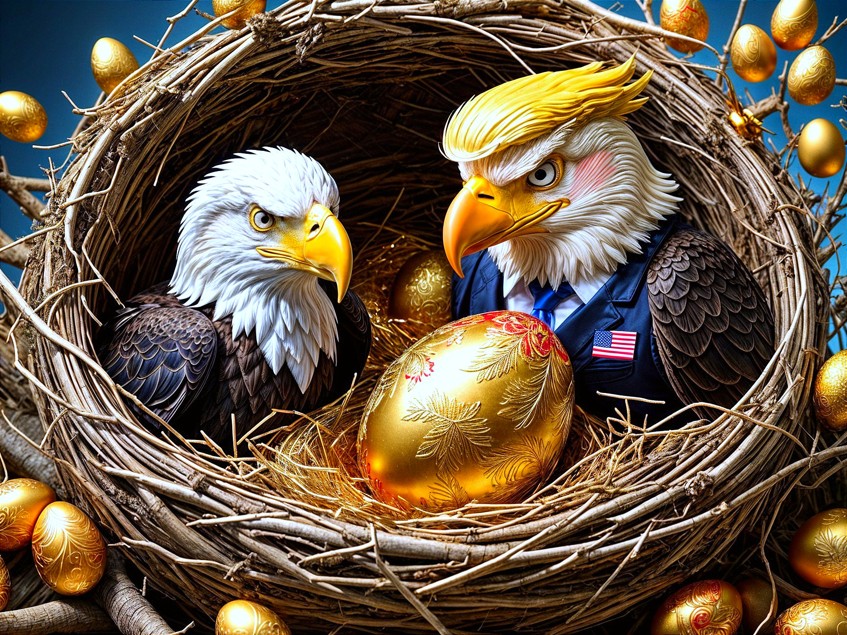 Eagles in Nest with Golden Eggs and Surreal Elements