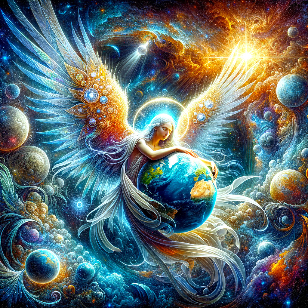 Ethereal Figure with Wings Embracing Vibrant Earth