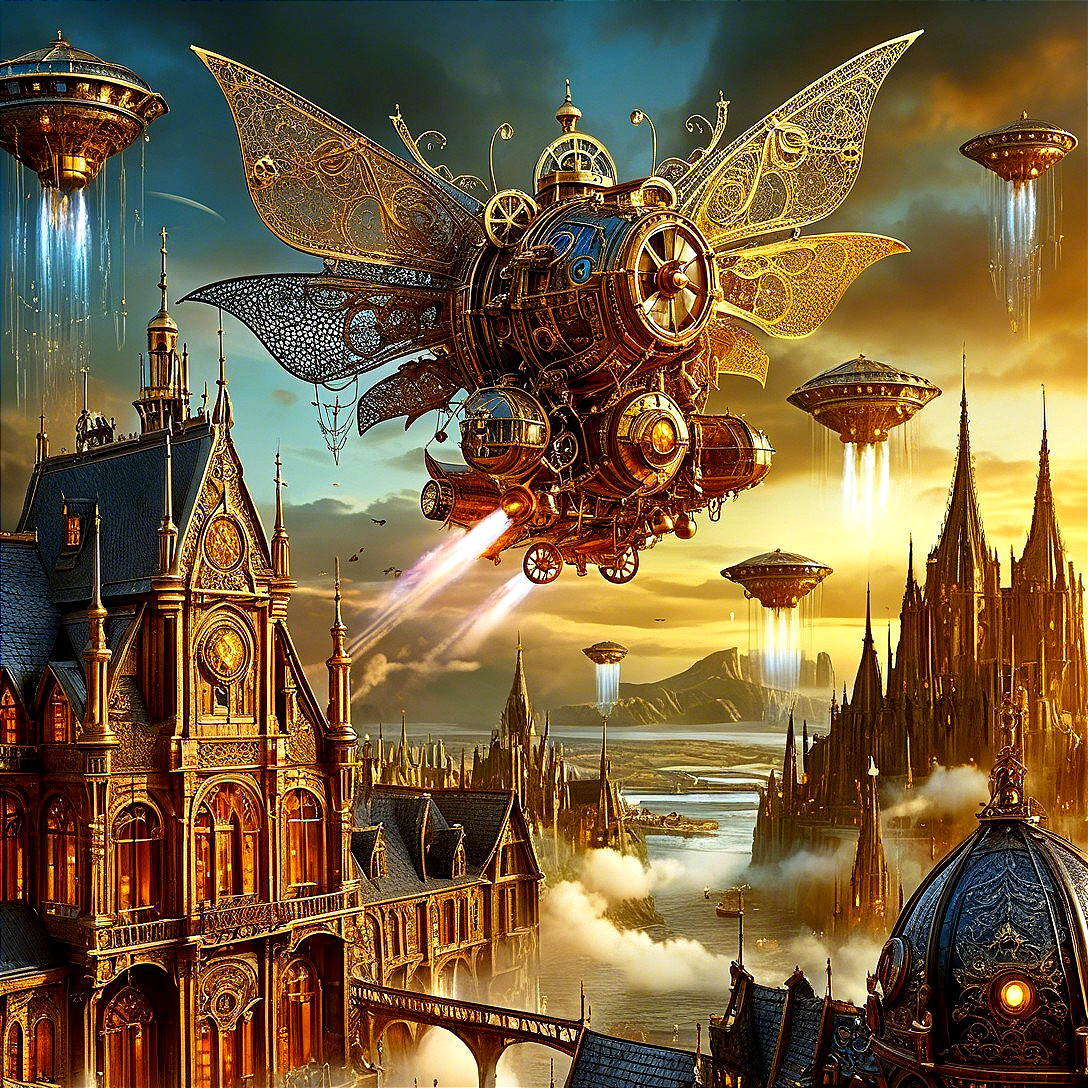 Steampunk Airship Over Gothic Cityscape at Dusk