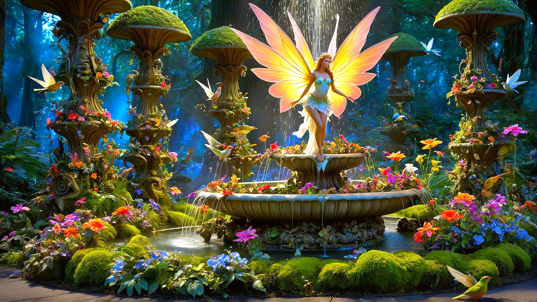 Whimsical Fairy on Fountain in Enchanted Forest