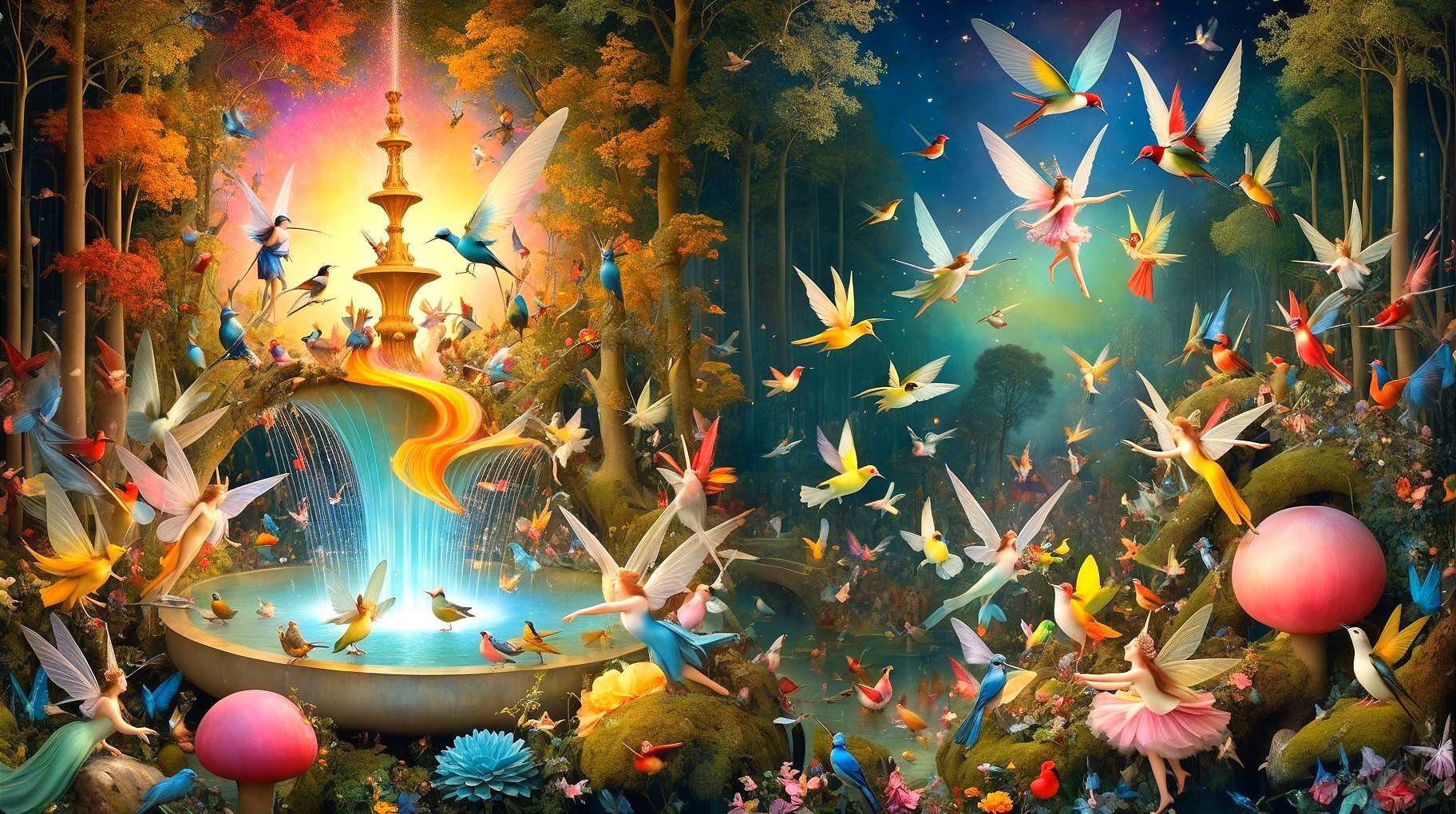 Magical Forest with Fairies and Enchanting Fountain