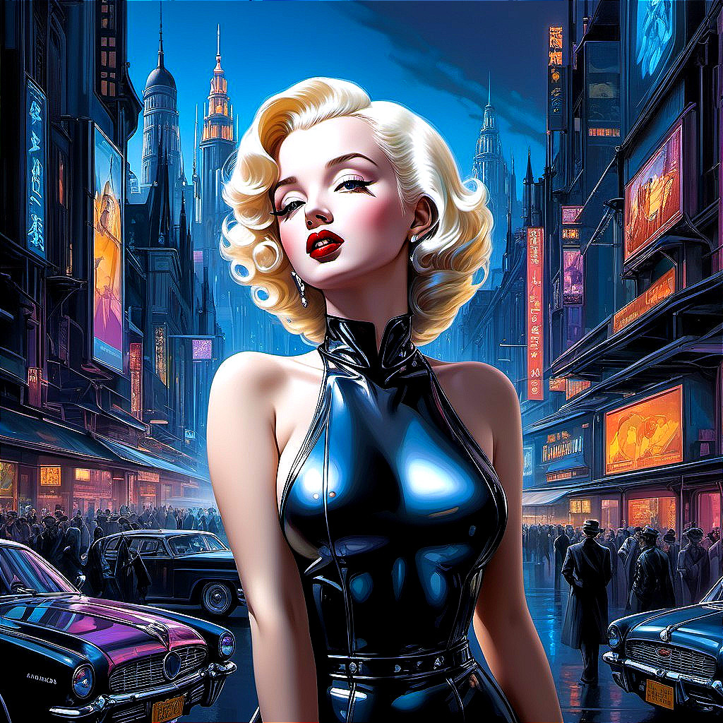 Blonde Woman in Black Latex Suit in Futuristic Cityscape