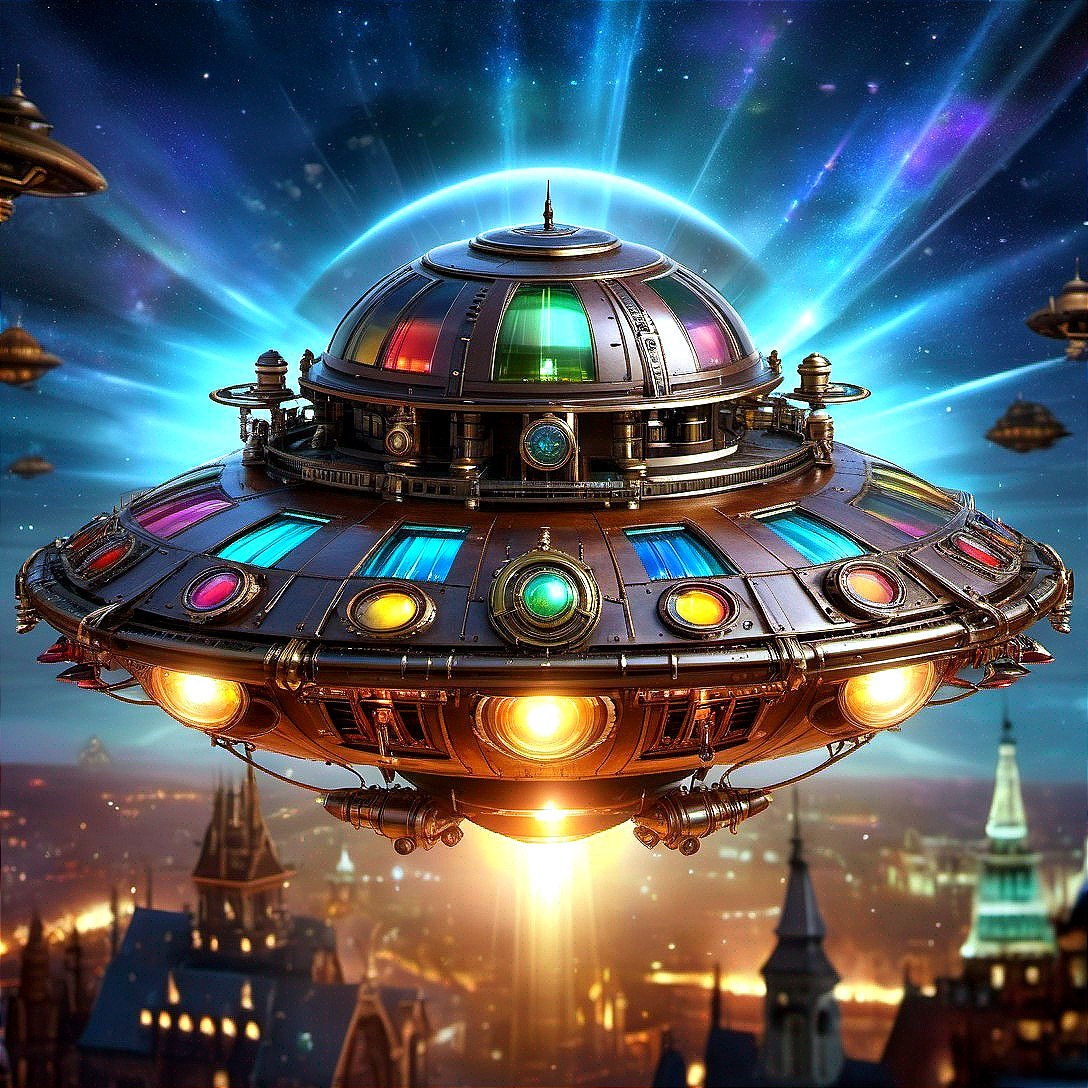 Futuristic UFO Over Cityscape with Starry Background