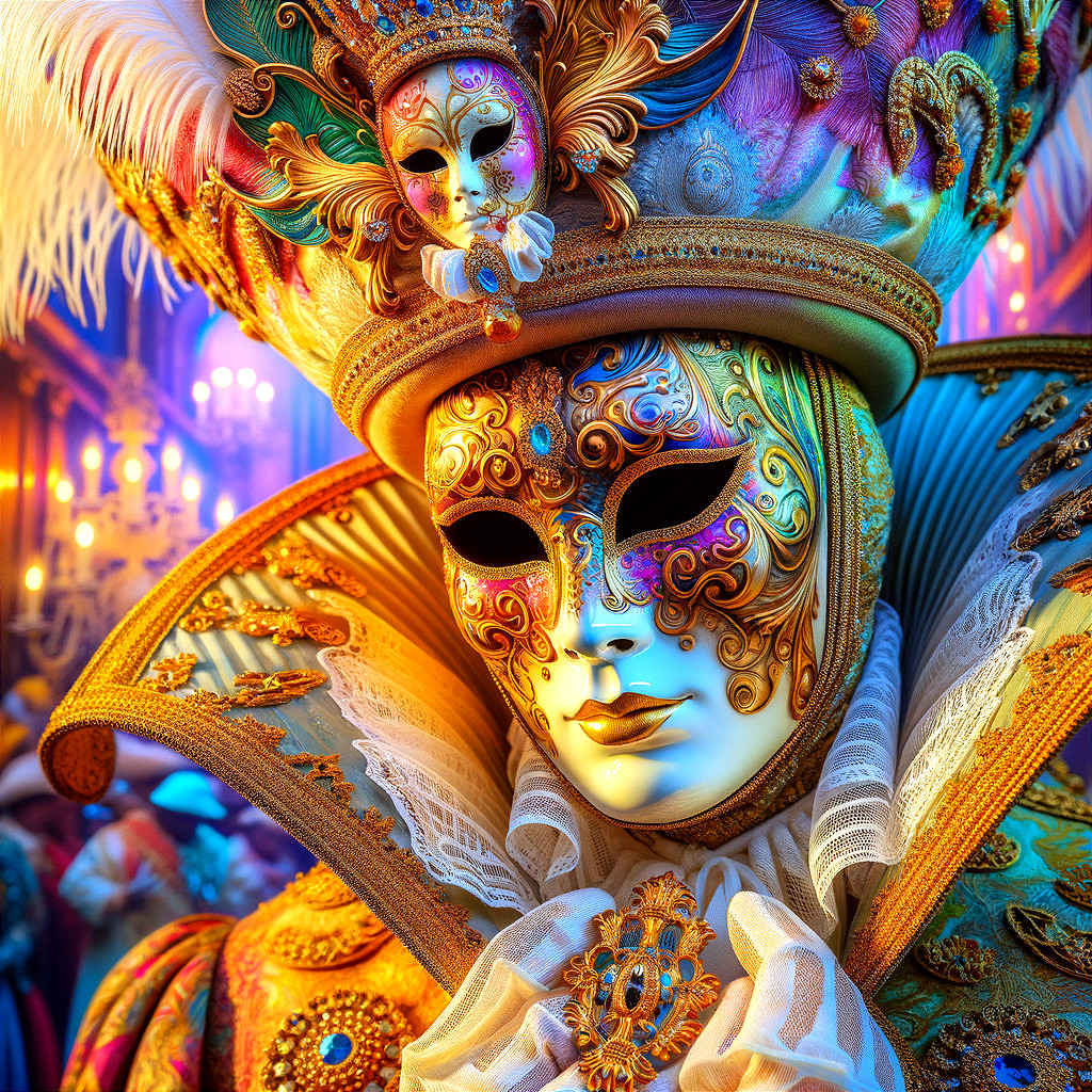 Intricate Gold Mask with Feathered Headdress Details