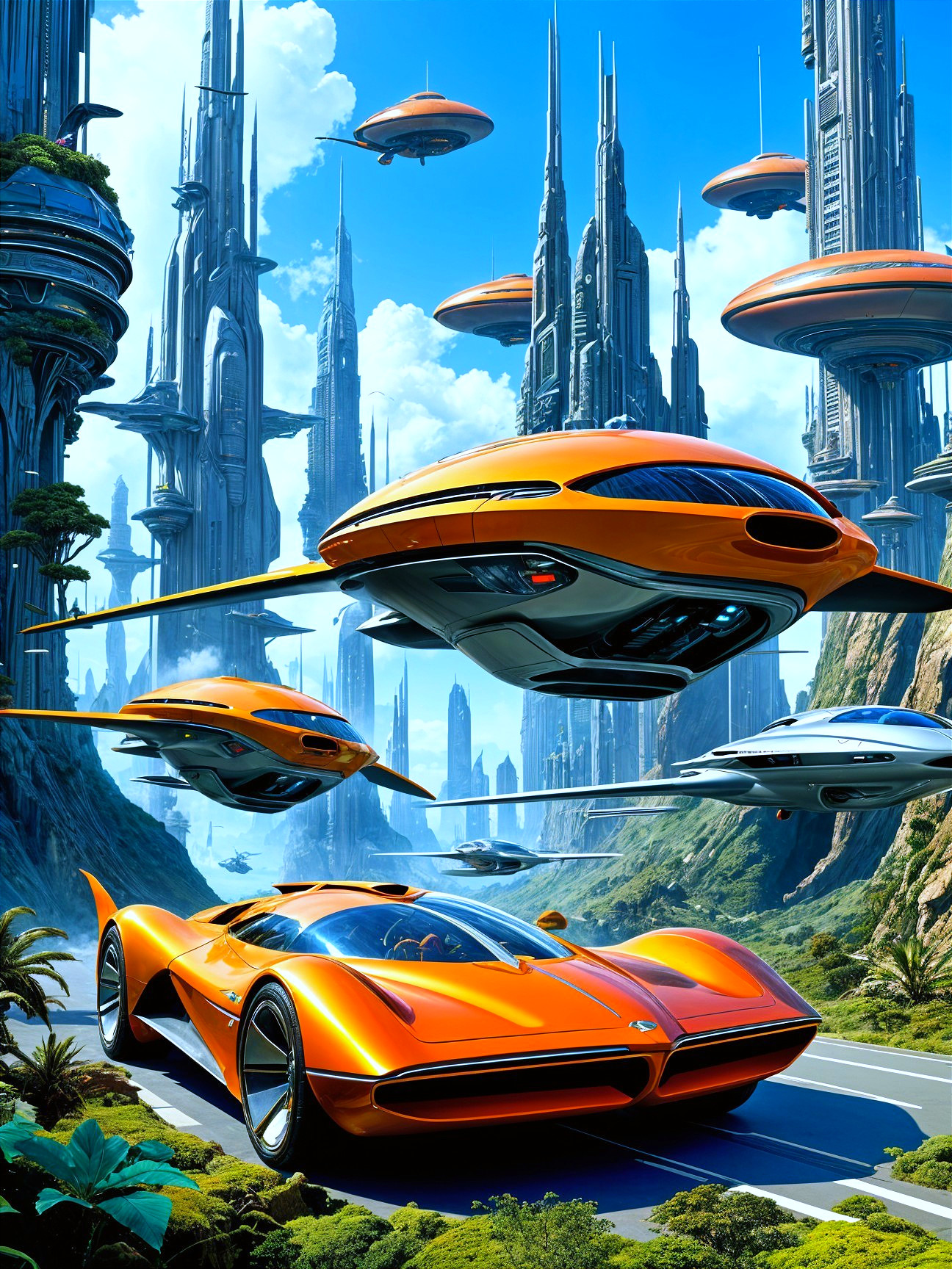 Futuristic cityscape with sleek cars and skyscrapers