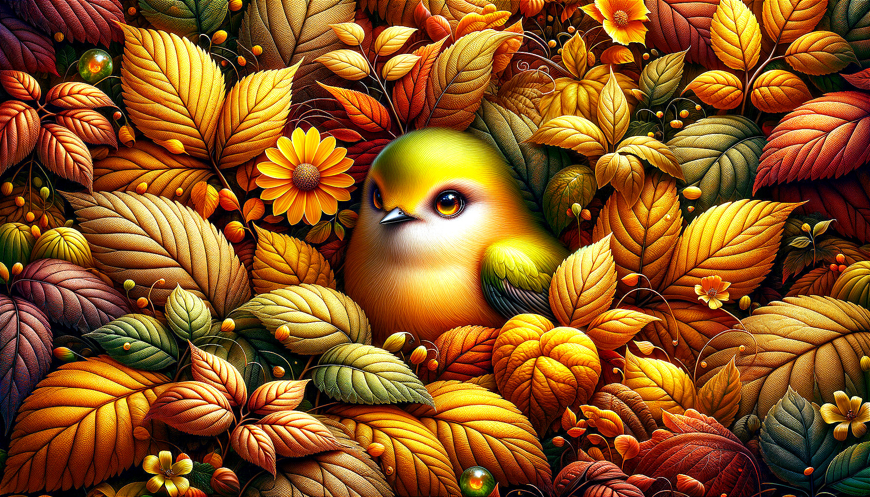Small Bird Among Colorful Autumn Leaves and Flower