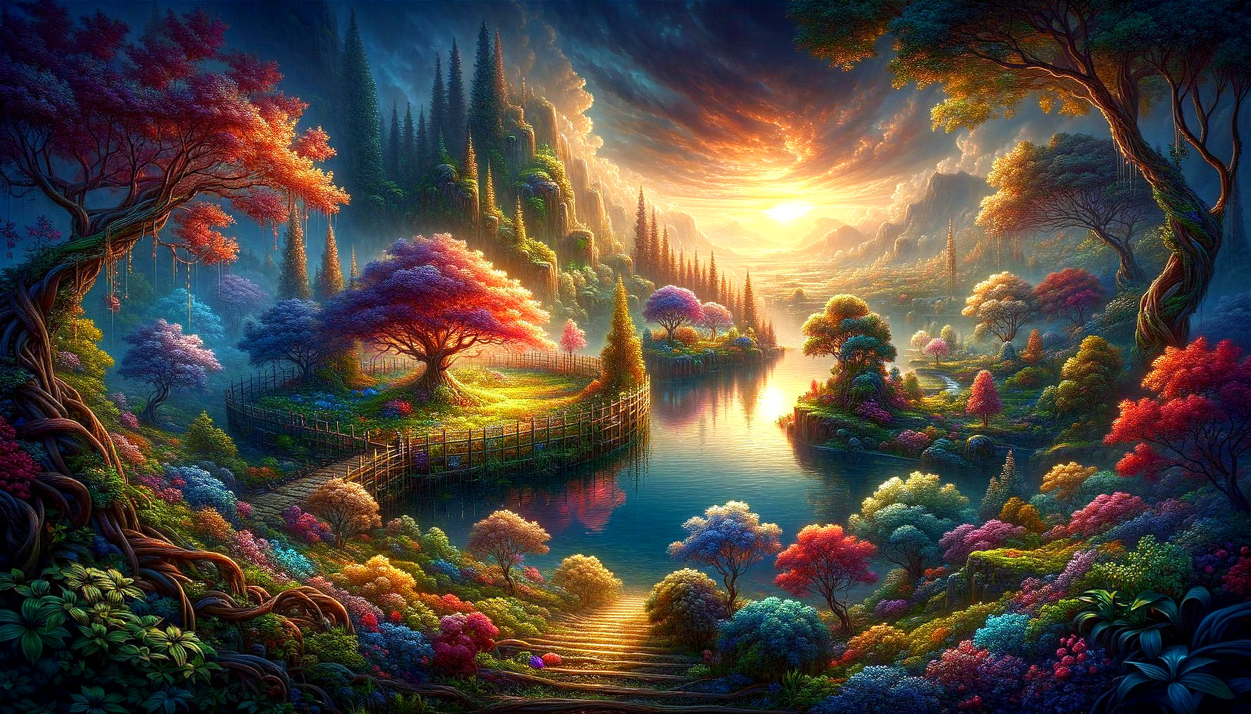 Enchanted Landscape with Lake and Colorful Trees