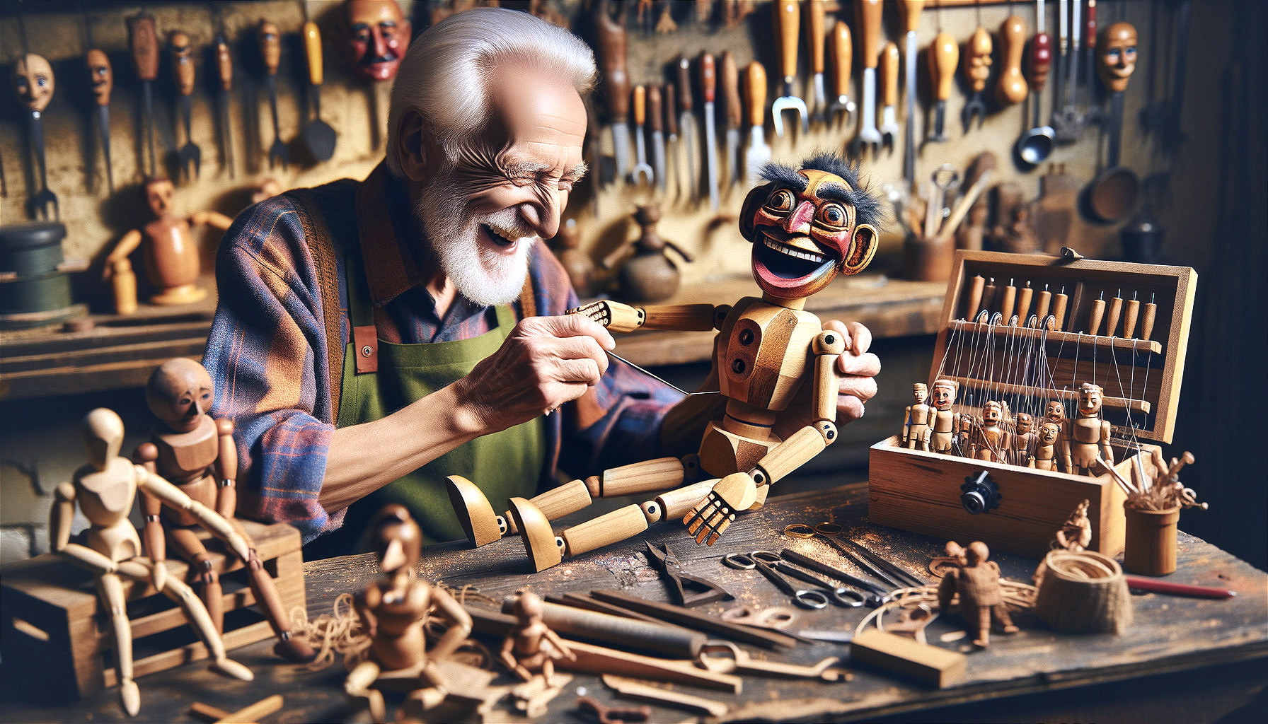 Elderly Craftsman Carving Puppet in Cozy Workshop