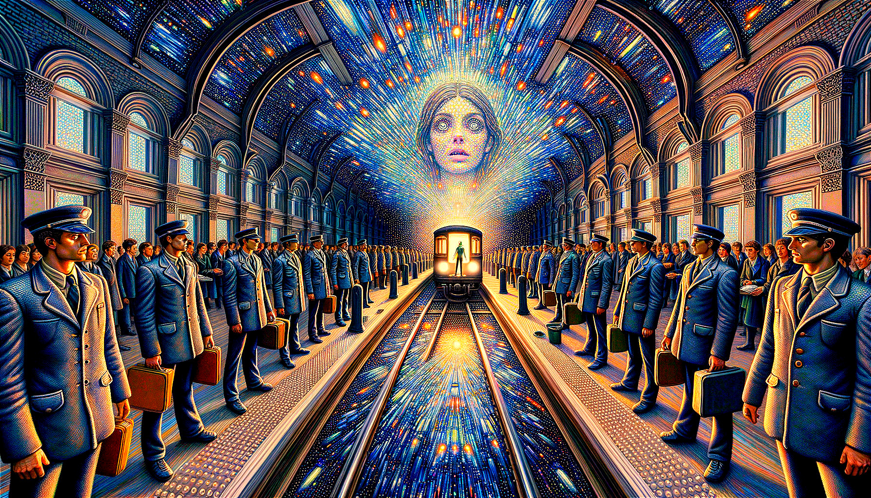 Surreal Subway Station with Cosmic Colors and Figures