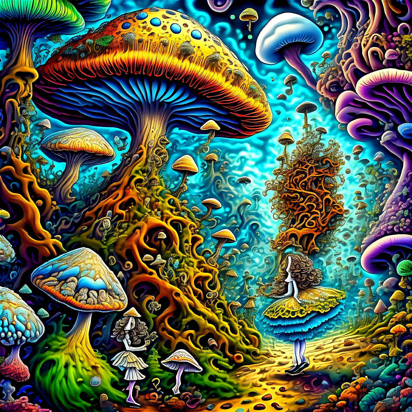 Psychedelic Alice in Wonderland with Colorful Mushrooms
