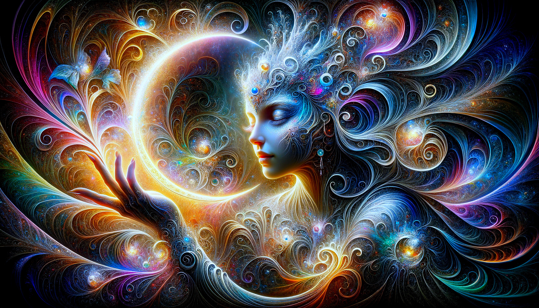 Ethereal Figure with Crescent Moon and Vibrant Background