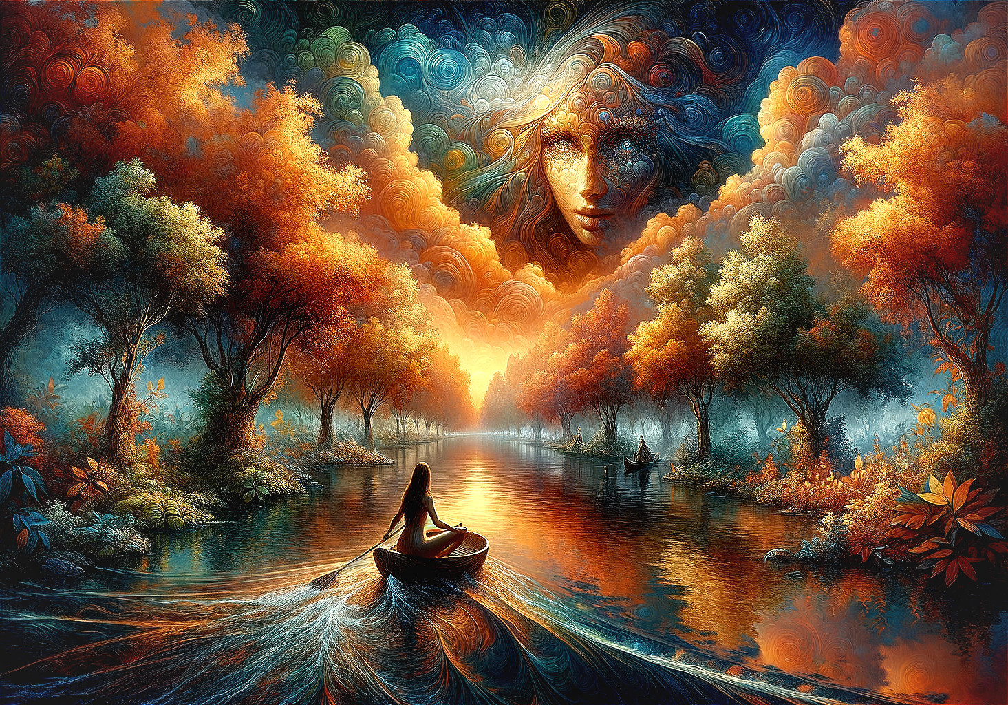 Mystical River in Autumn Landscape with Whimsical Clouds