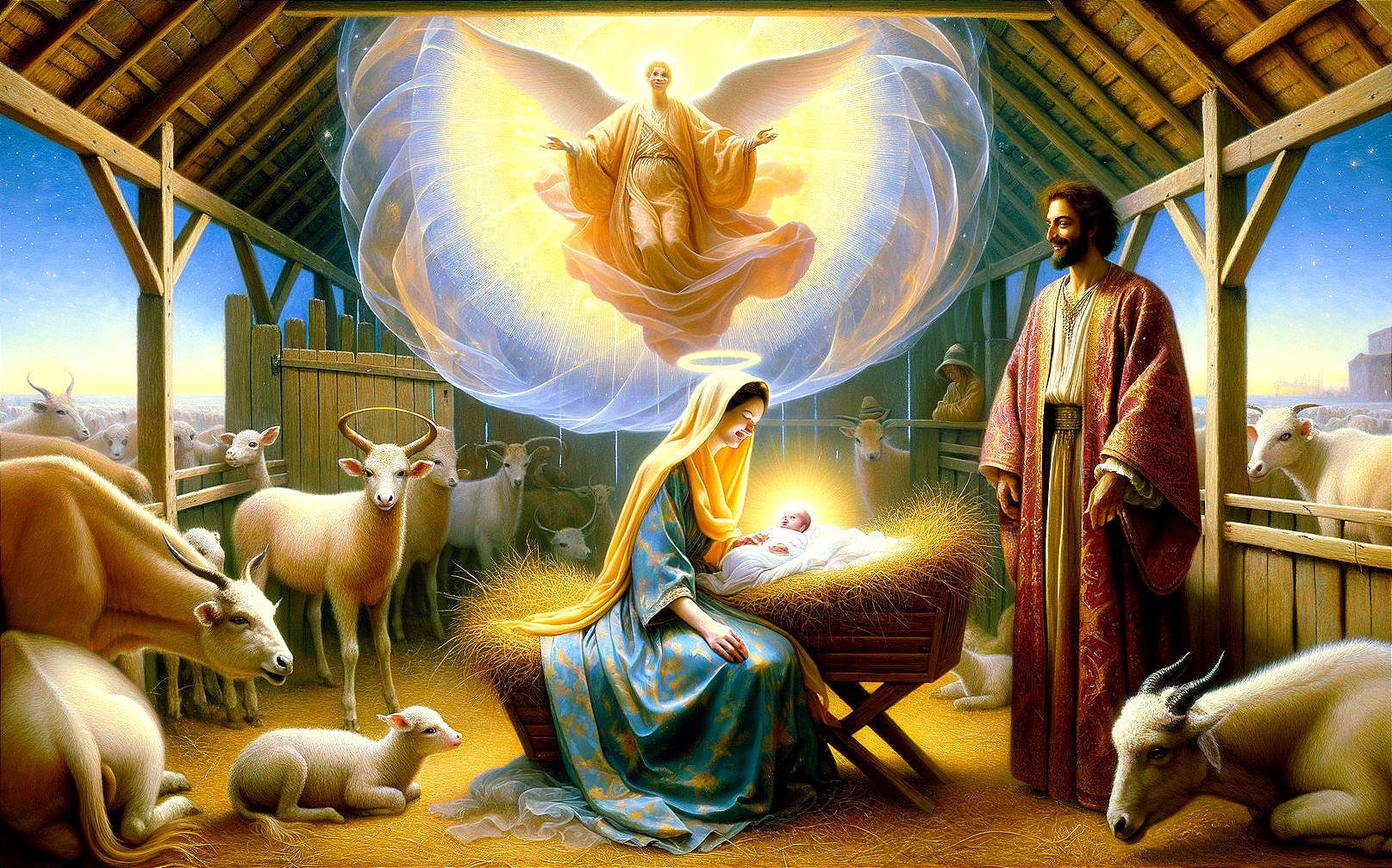 Serene Nativity Scene with Mary, Jesus, and Animals