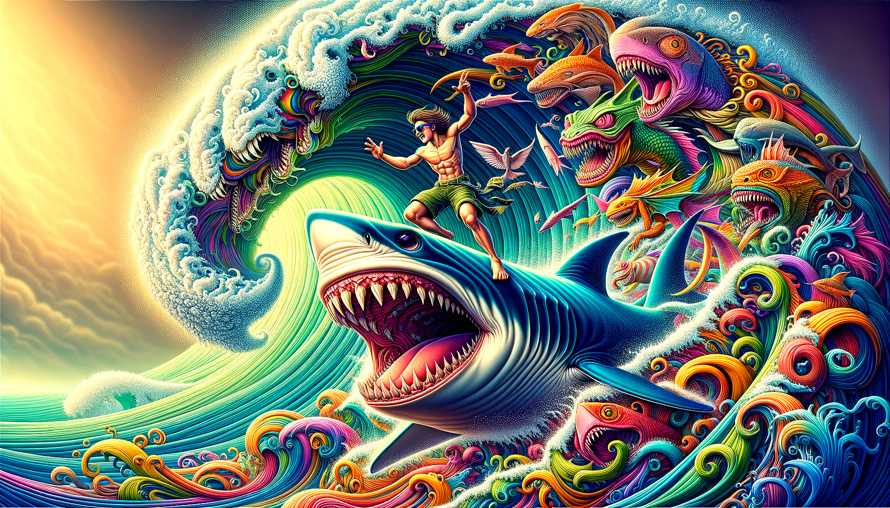 Surfer Riding Wave on Shark with Colorful Sea Creatures