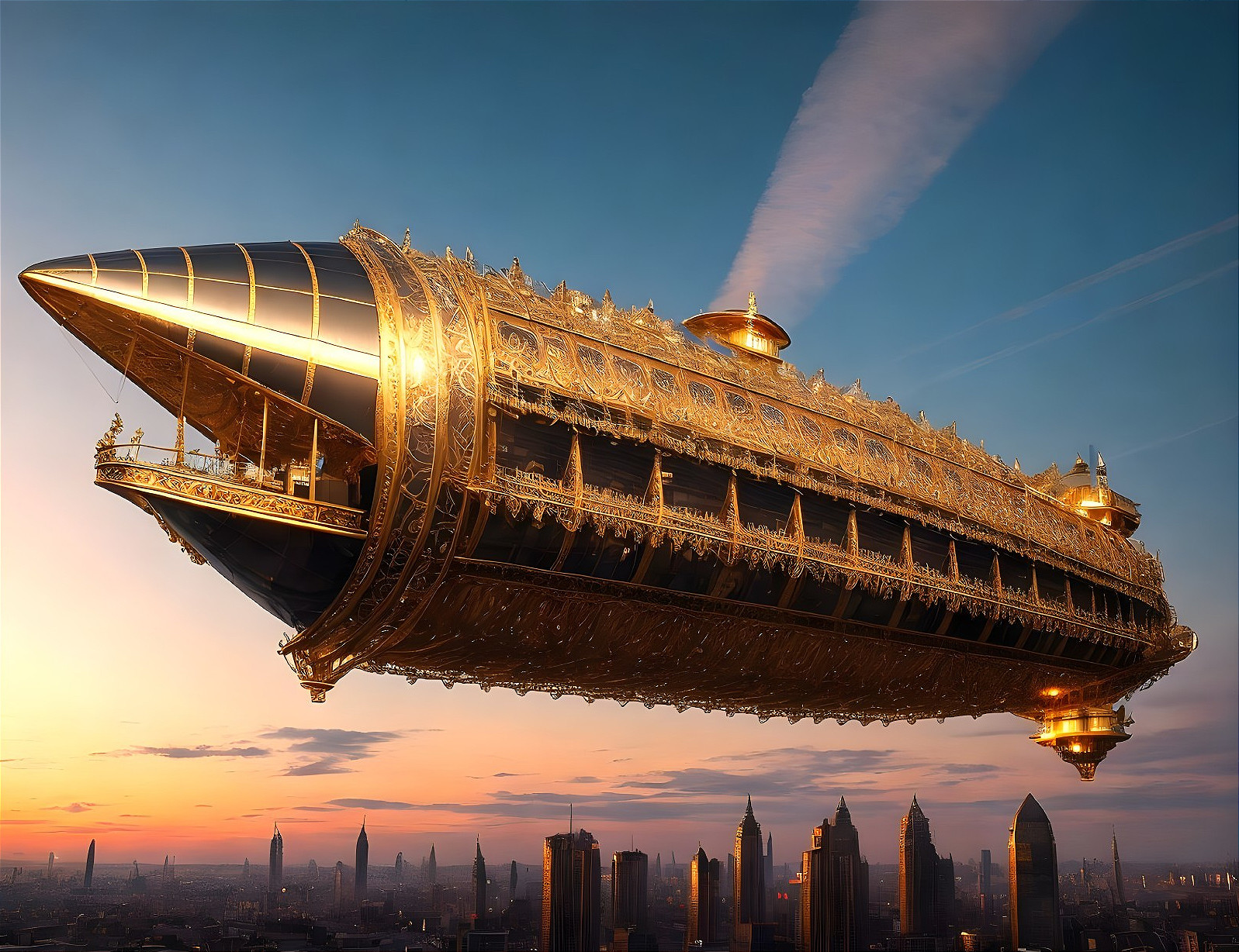 Intricately Designed Airship Over Futuristic Cityscape