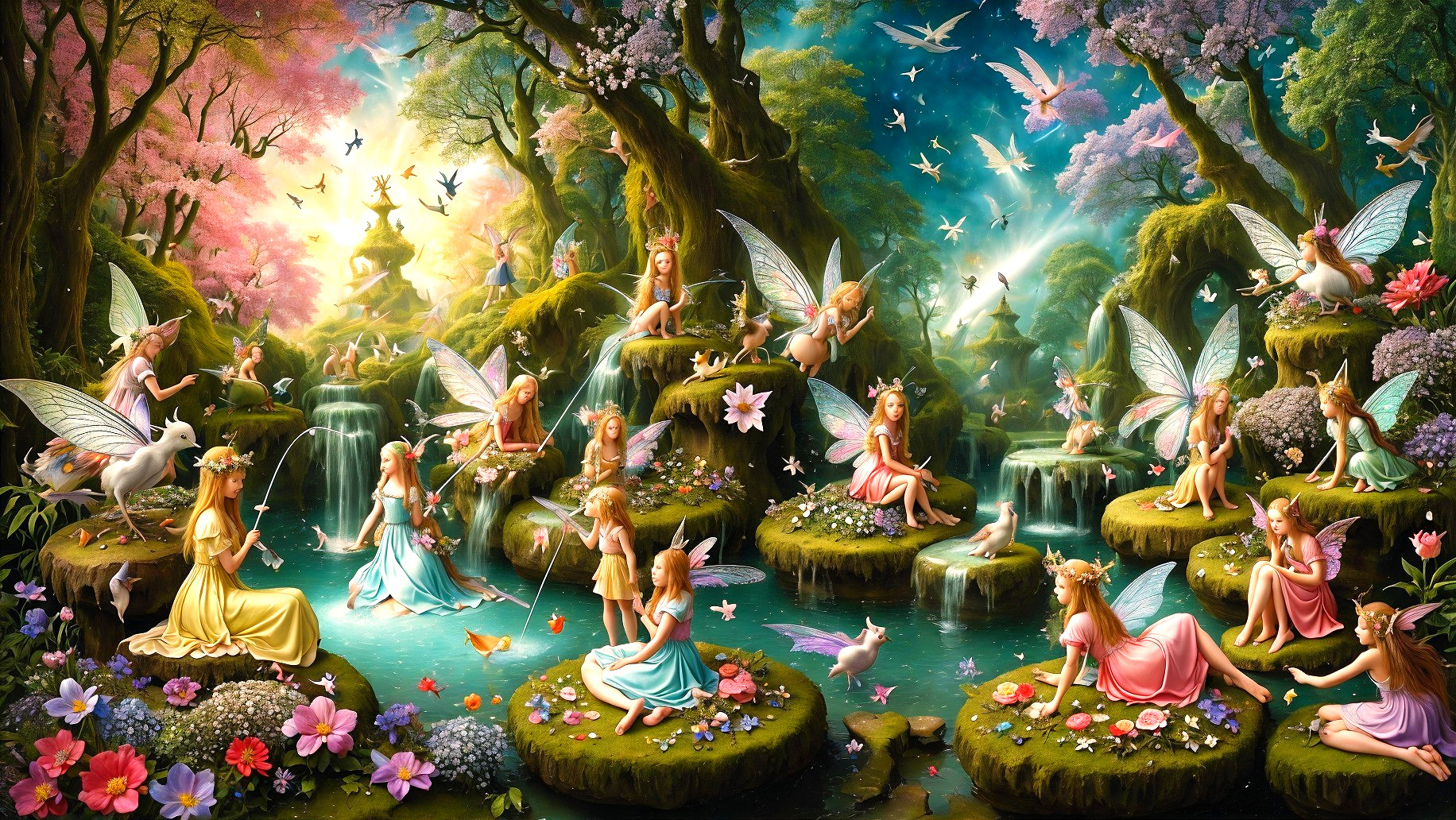 Ethereal Fairies in a Vibrant Forest Scene