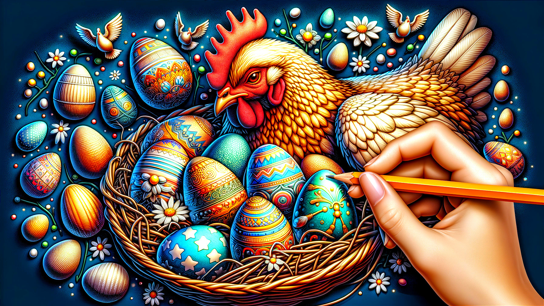 Colorful Rooster with Easter Eggs in a Basket Scene