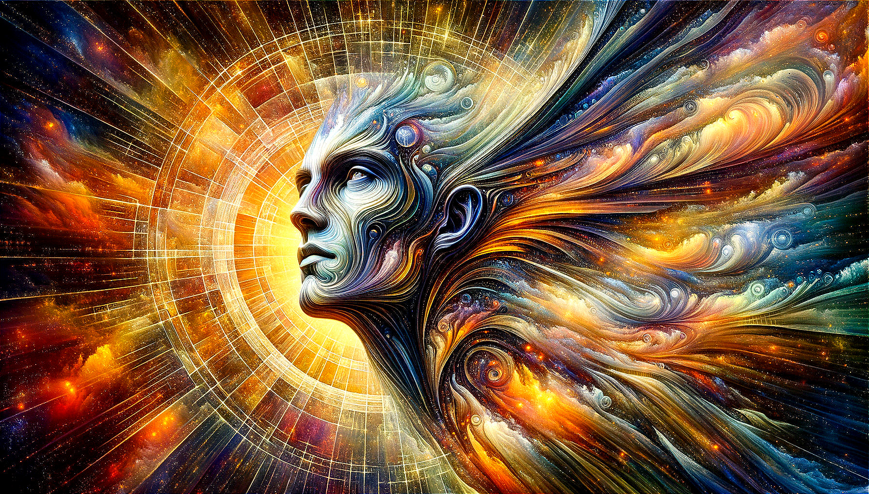 Surreal Human Face in Colorful Cosmic Patterns