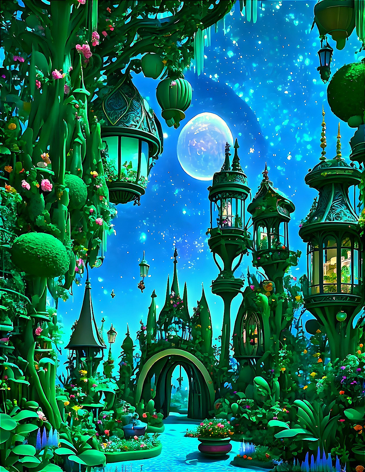 Enchanting Fantasy Landscape with Lush Greenery and Lanterns
