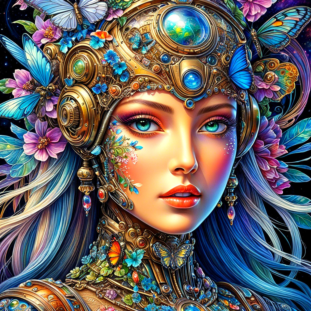 Portrait of a Woman in Metallic Armor with Flowers