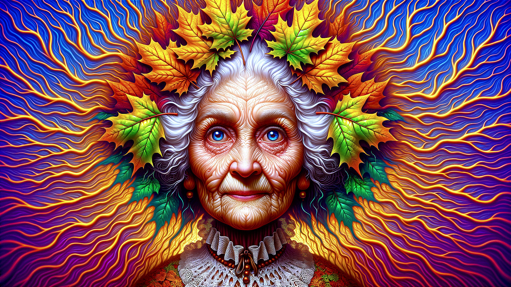 Elderly Woman with Blue Eyes in Colorful Surroundings