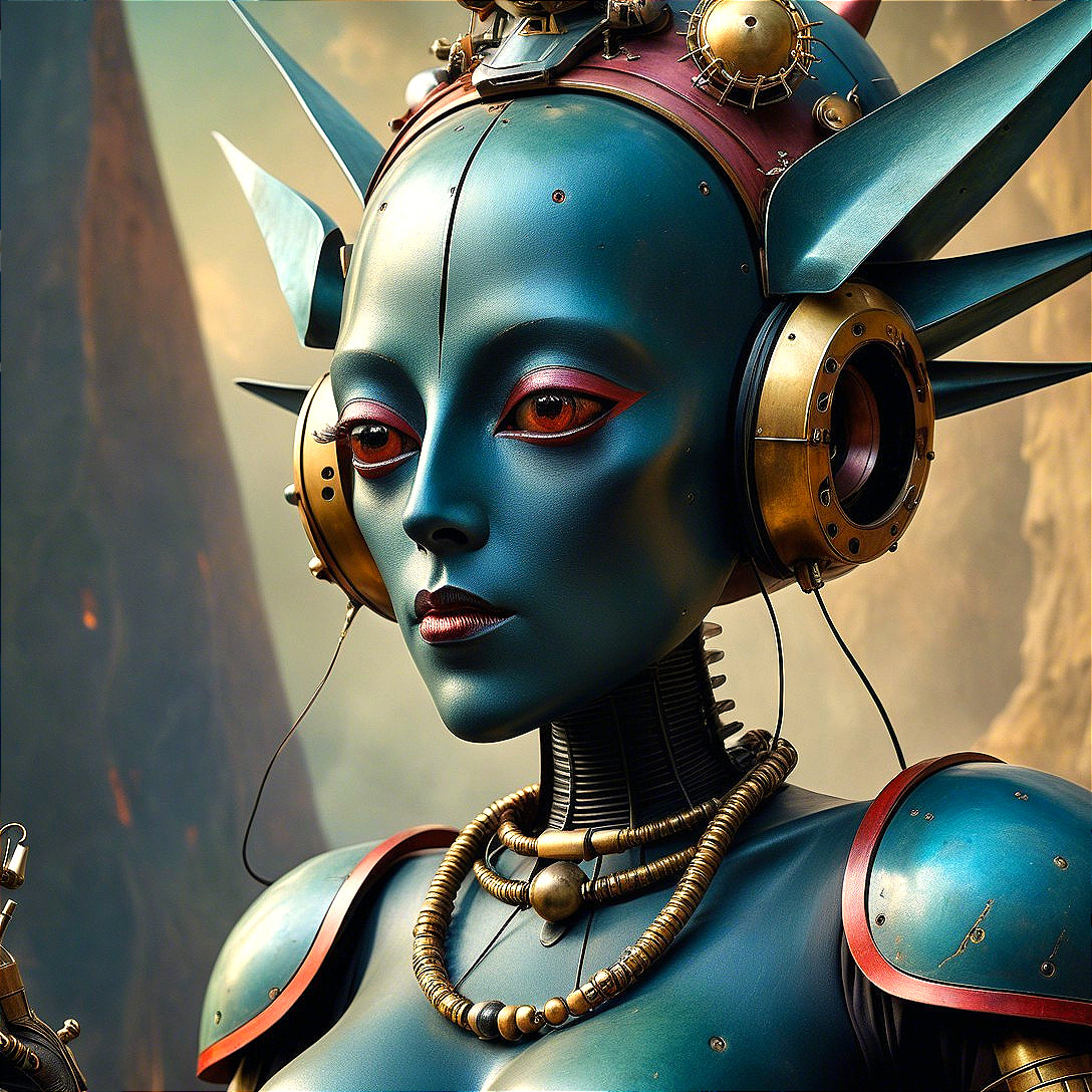 Futuristic humanoid robot with blue exterior and red eyes