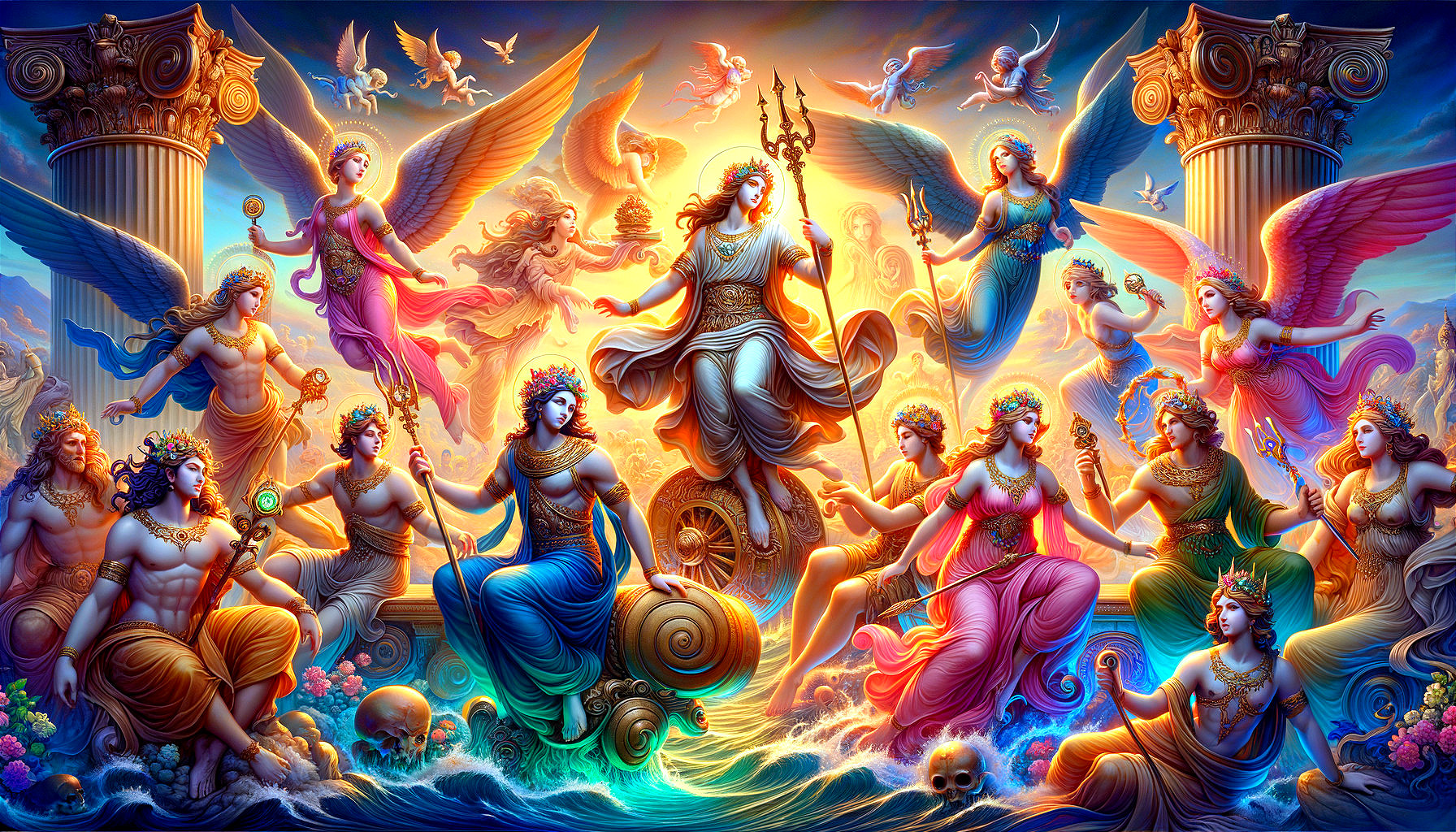 Mythological Scene with Gods, Angels, and Nature Symbols
