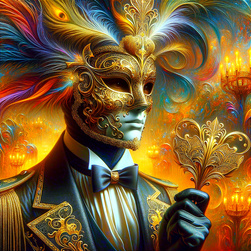 Ornate Masquerade Mask with Gold Patterns and Feathers