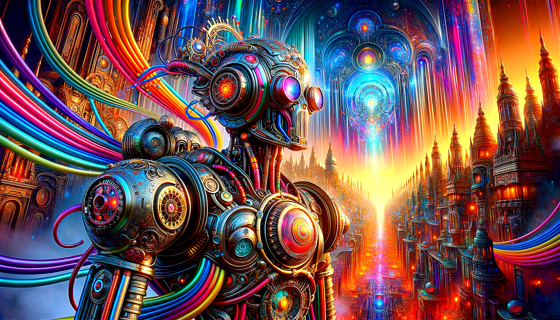 Futuristic Cityscape with Colorful Robotic Figure