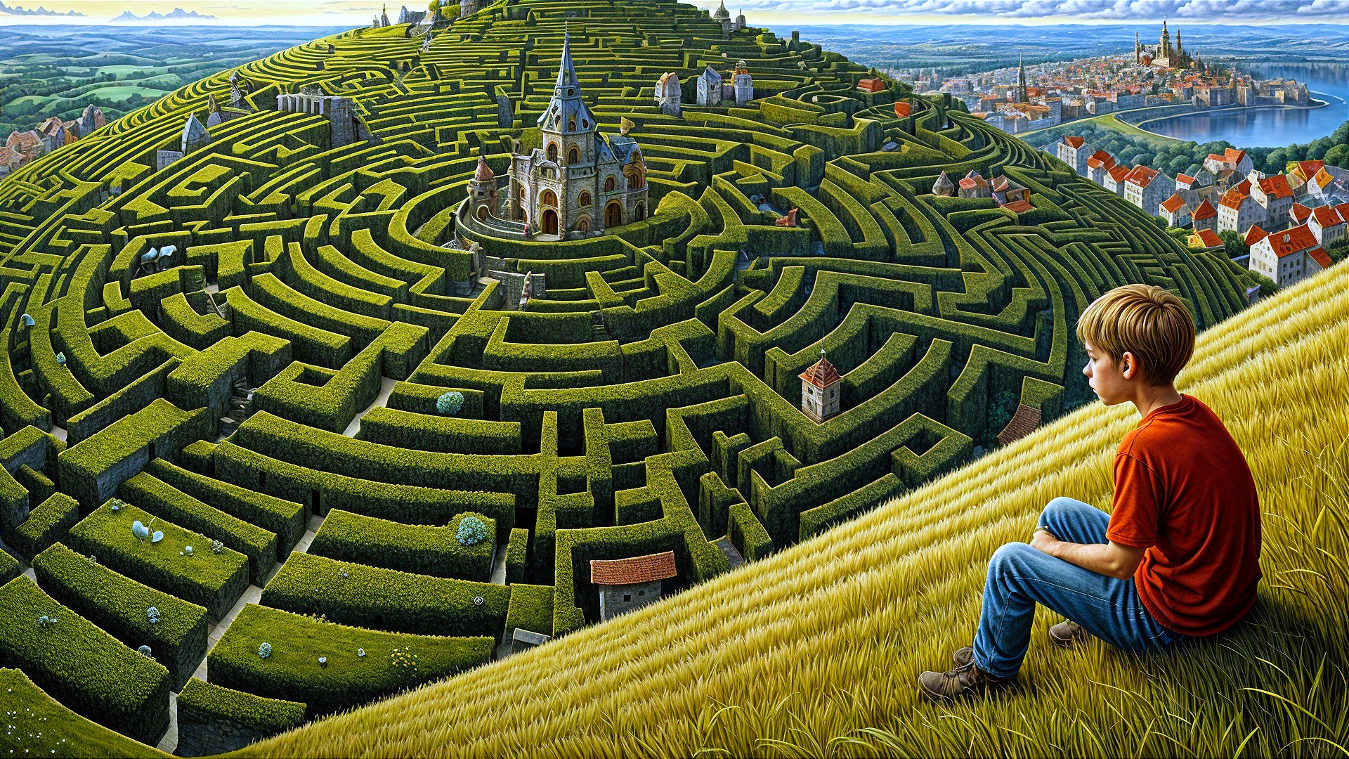 Young boy on hill overlooking maze and castle scene