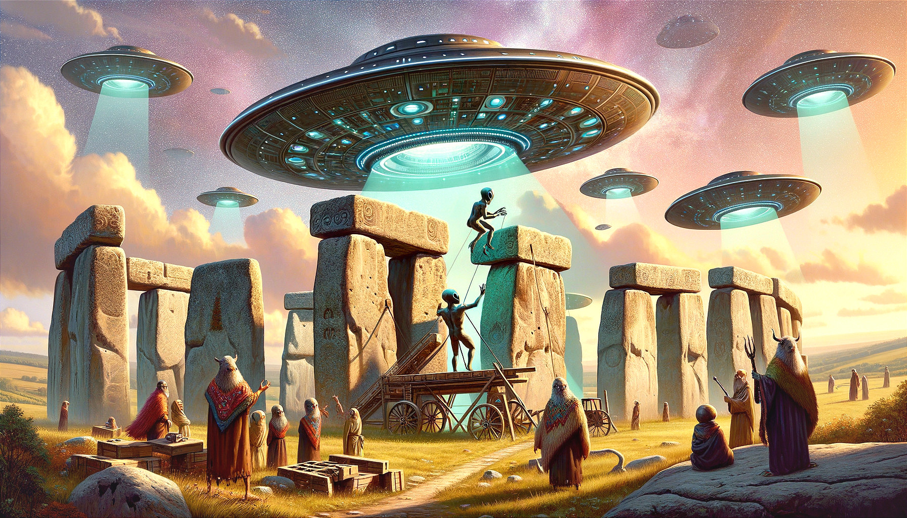 Surreal Scene of Stonehenge with UFOs and Ancient Figures