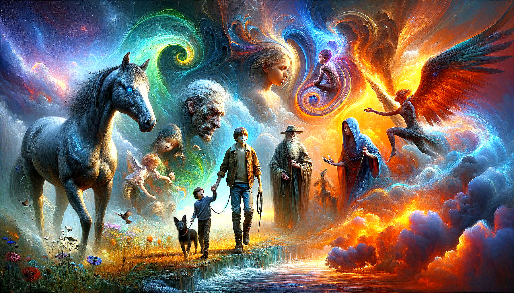 Surreal Scene with Colorful Characters and Ethereal Beings