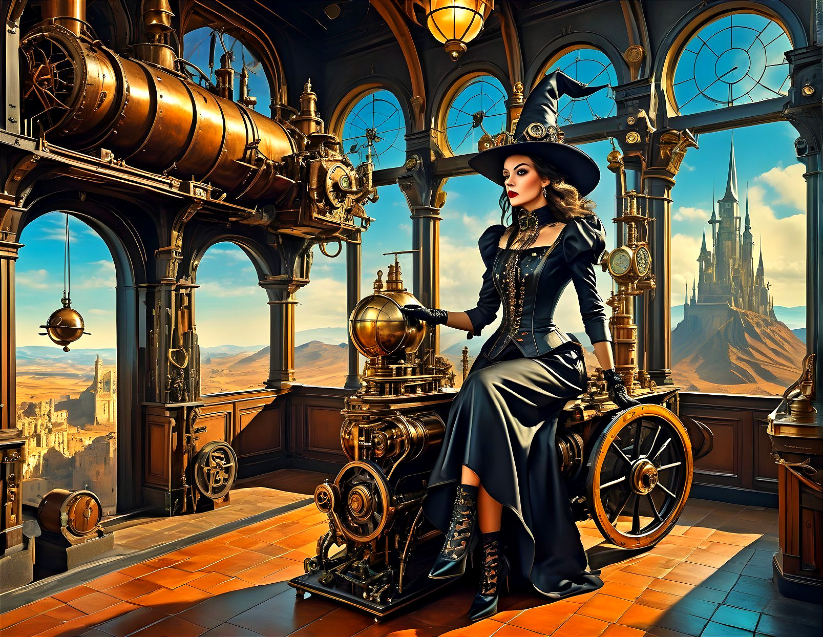 Woman in Dark Gown on Steampunk Machine in Fantasy Room