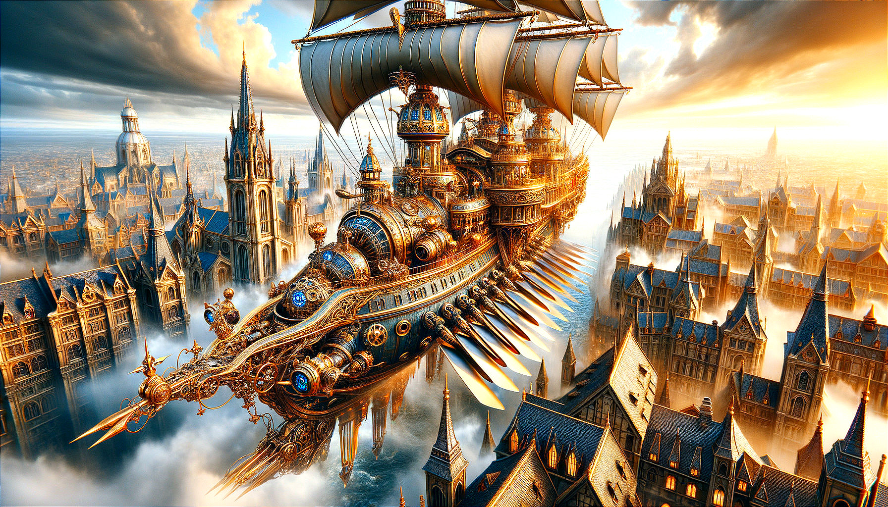 Steampunk Airship Over Enchanting Gothic Cityscape