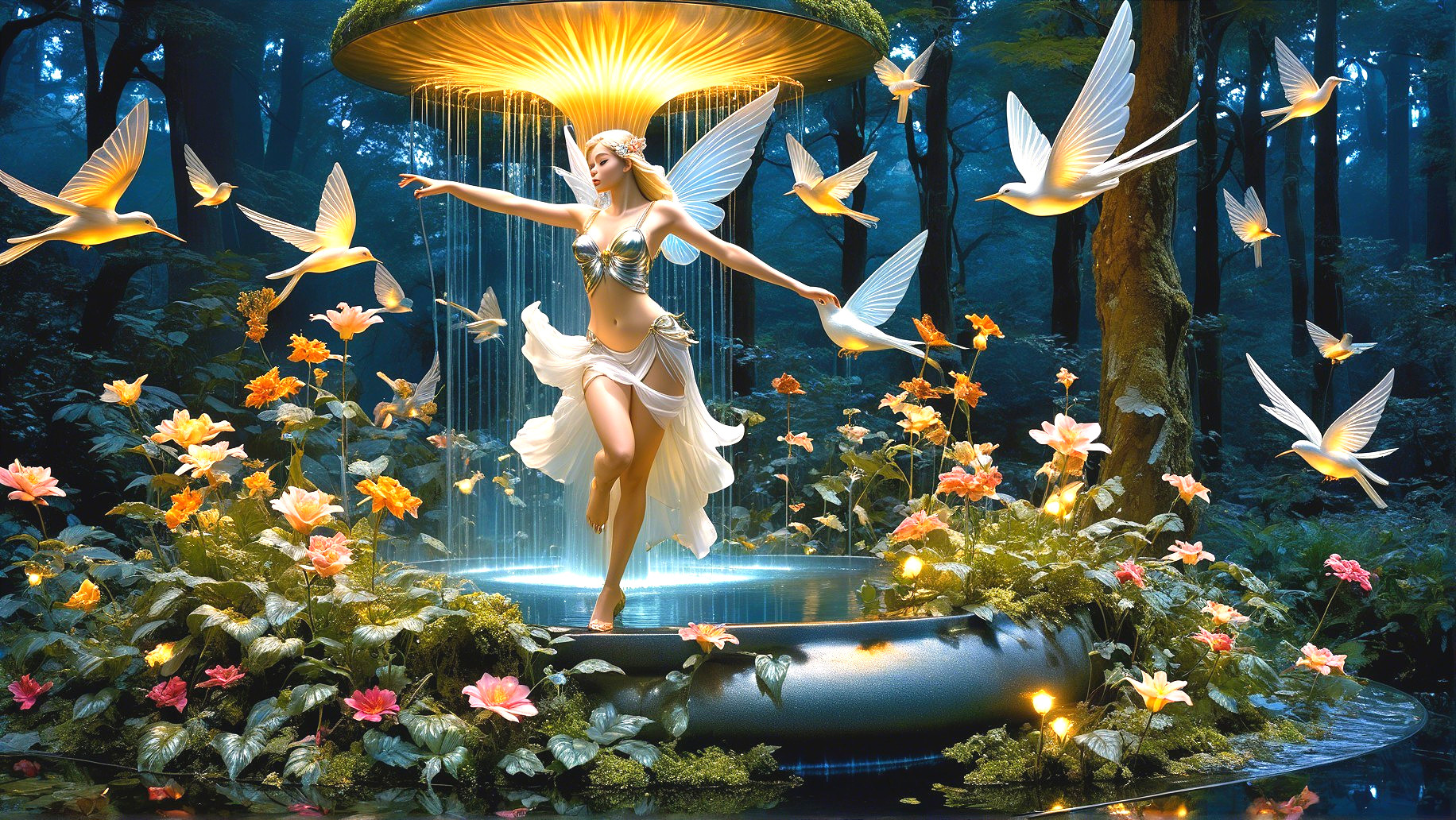 Magical Forest Scene with Dancing Figure and Fountain