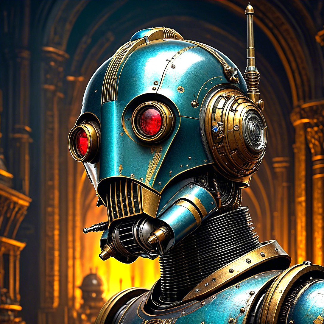 Futuristic Robot with Blue and Gold Finishes in Ancient Setting